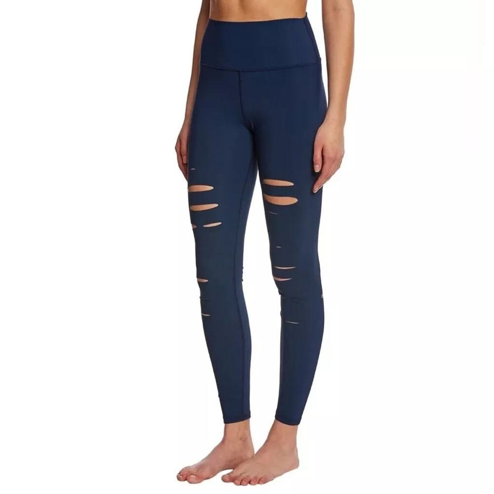 Alo Yoga High Waisted Ripped Warrior Leggings, Small, Blue Cutout Full Length
